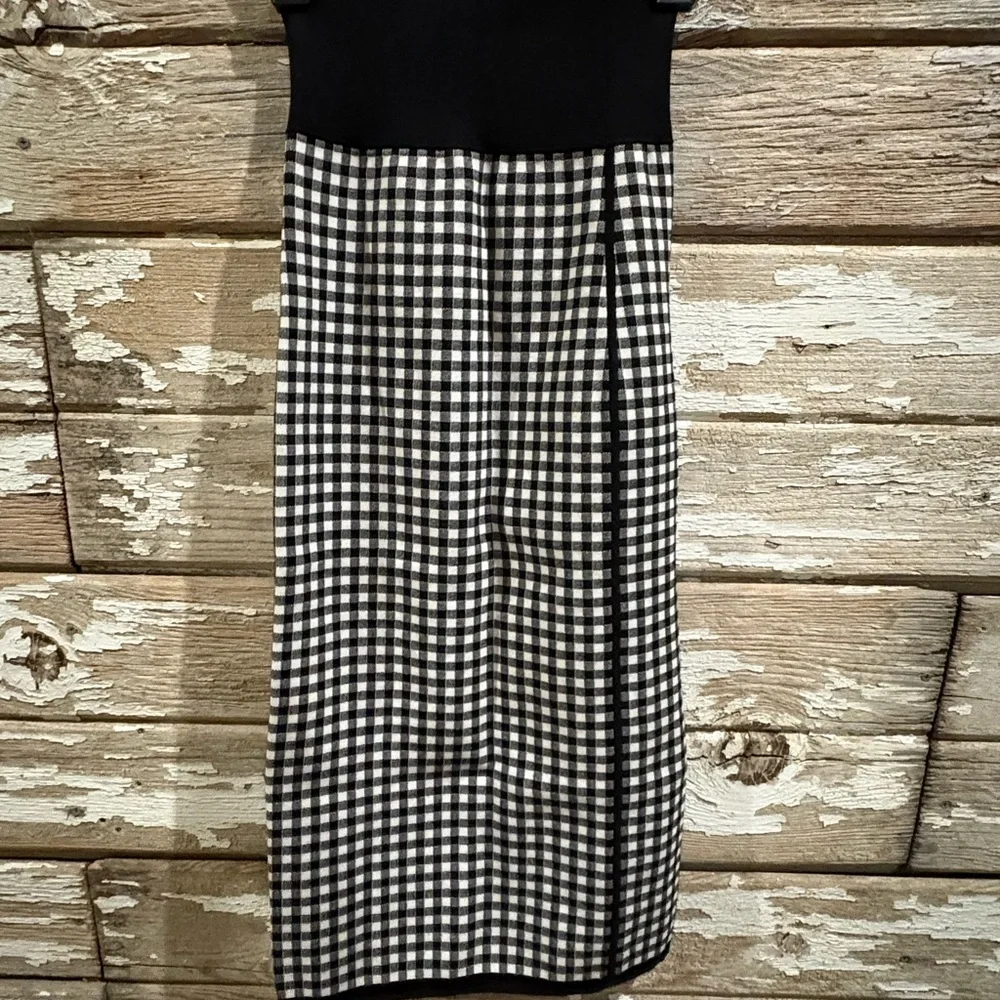 Michael Kors Collection Gingham Knit Pencil Midi Skirt Italian Yarn Black White